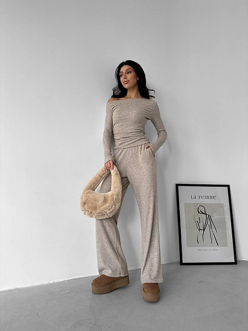 Женский базовый костюм двойка: лонгслив и брюки ангора рубчик Беж, 42/44 Одесса - изображение 4