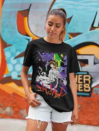 Футболка з аніме принтом Євангеліон оверсайз (S/M/L) Чорний AnimeJ0799 Дніпро