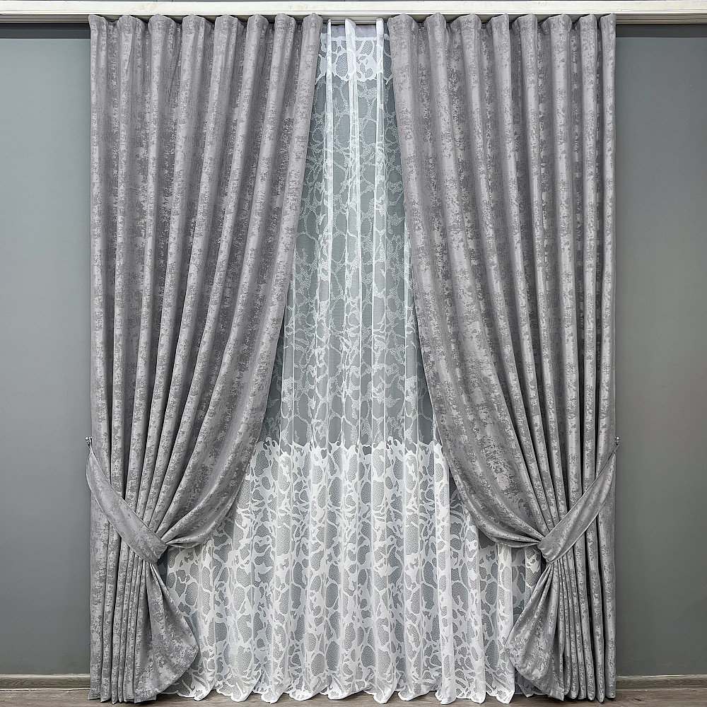Комплект штор VR-Textil Жакард Мармур 150х270 2шт і Тюль 600х270 1668ш-1529т Сірий з білим 71-183/5 Київ - фото 1