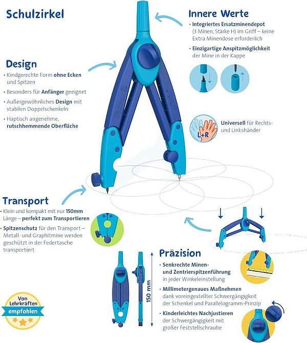 Циркуль школьный Pelikan Griffix 150 мм с грифелем точилкой защитой металлического наконечника синий Киев - изображение 10