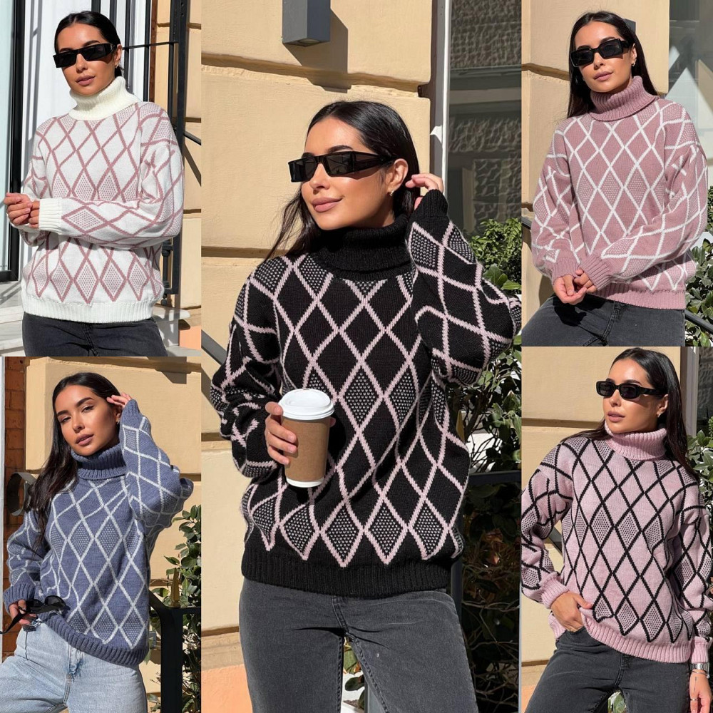 Жіночий модний триколірний светр орнамент із високогірловиною. 42-56р Київ - фото 1