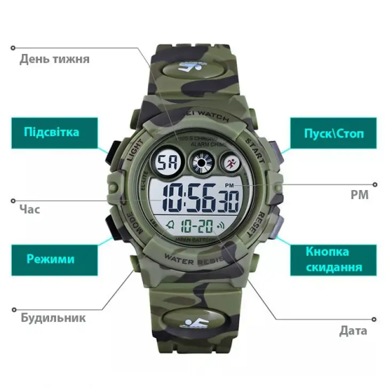 Дитячий спортивний годинник Skmei 1547 Kids (секундомір, будильник) Зелений камуфляж Київ
