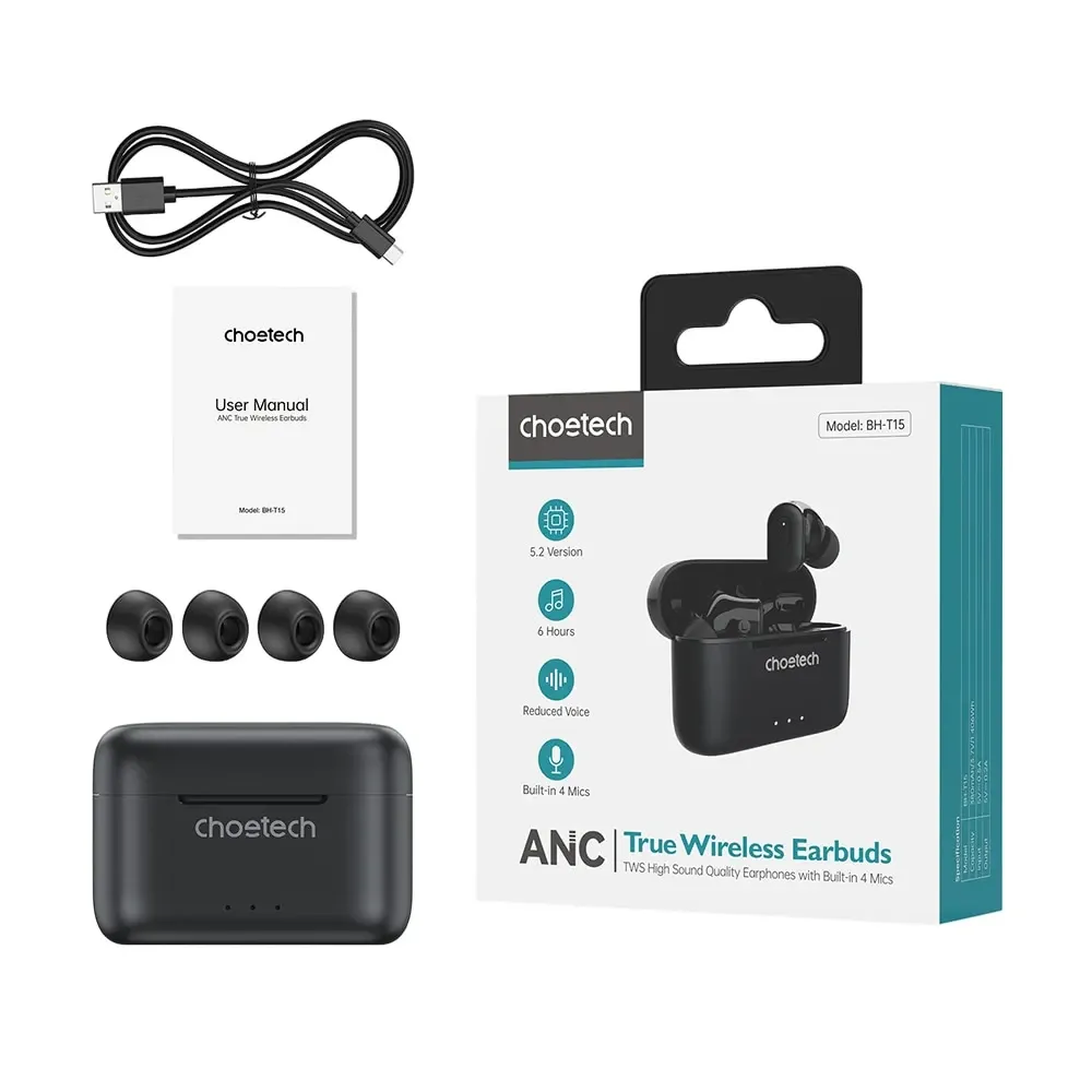 Бездротові навушники Choetech BH-T15 Black TWS, Bluetooth 5.2, ANC+ENC (43-00137) Київ - фото 4