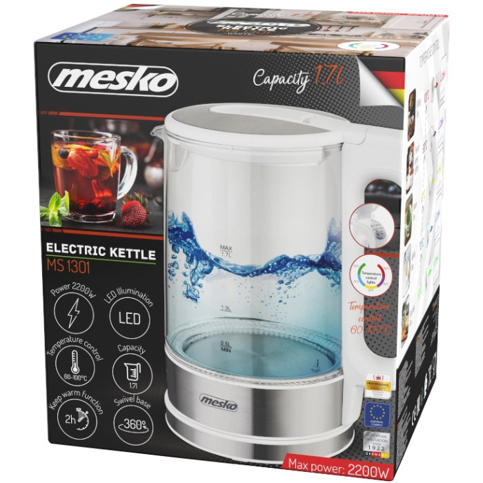 Електрочайник Mesko MS 1301 white 1850-2200Вт/ 1.7л/ скло/ встановлення температури Вінниця - фото 8
