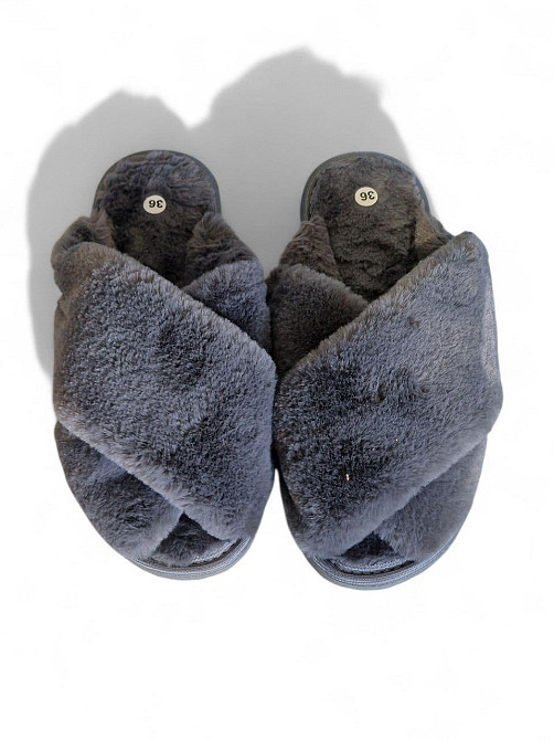 36 Женские тапочки открытые накрест меховые паго серый мех Одесса - изображение 1