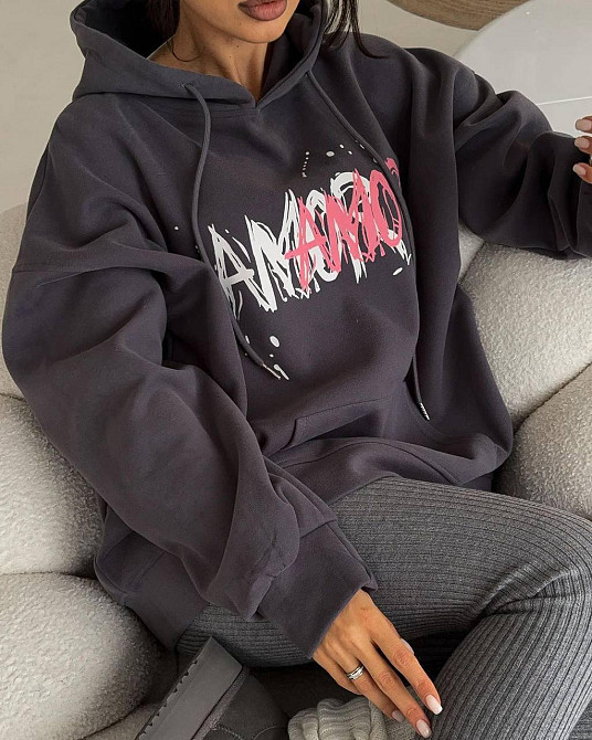 Женское теплое оверсайз худи AMORE трехнить на флисе Графит Одесса - изображение 2