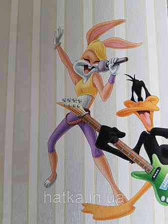 Обои виниловые на флизелине AdaWall Ada Kids метровые детские герои мультфильма Луни тюнз полосы серебро беж Киев