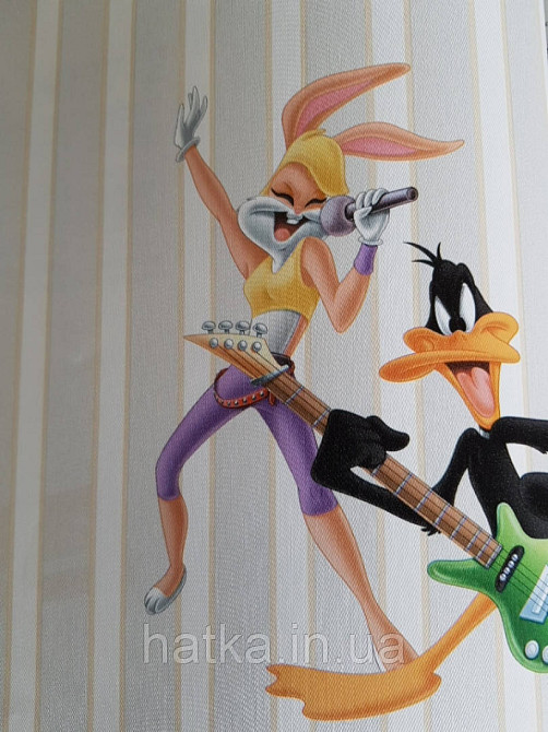 Шпалери вінілові на флізеліні AdaWall Ada Kids метрові дитячі герої мультфільму Луні тюнз смуги срібло беж Київ - фото 2