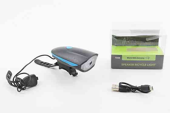 Ліхтар передній 1 діод+дзвінок 4 мелодії, Li-ion 3.7V 1200mAh зарядка від USB, вологозахисний, чорно-синій FY-058/7588 Бершадь
