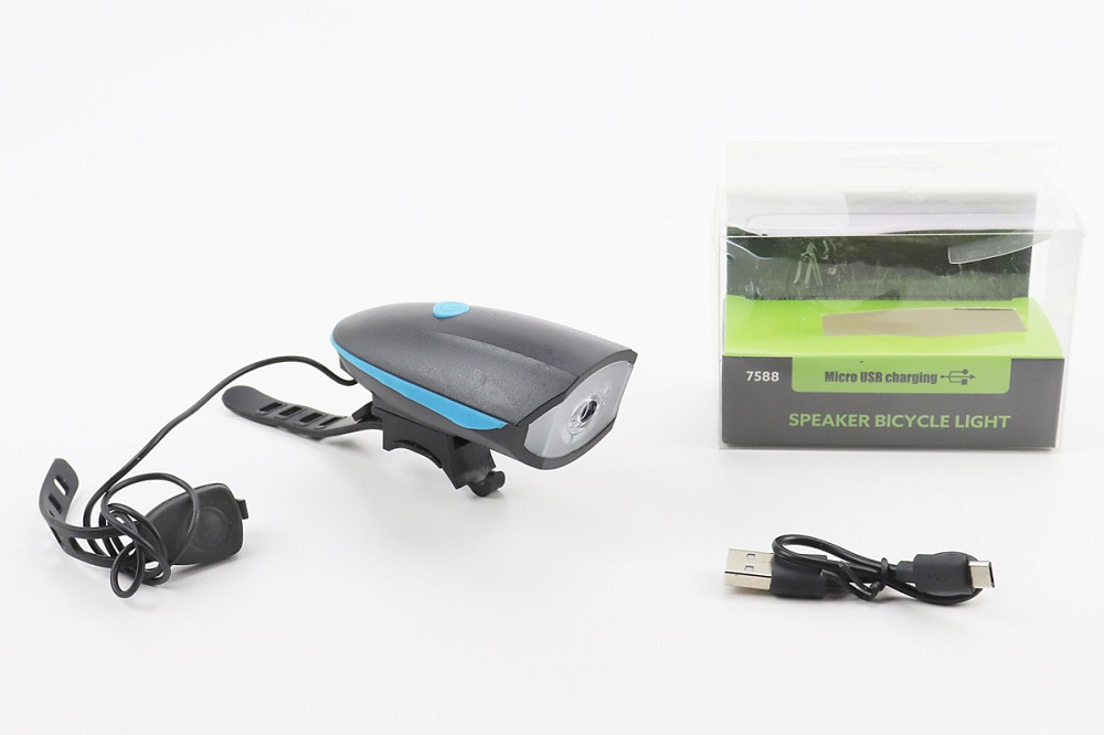 Ліхтар передній 1 діод+дзвінок 4 мелодії, Li-ion 3.7V 1200mAh зарядка від USB, вологозахисний, чорно-синій FY-058/7588 Бершадь - изображение 1