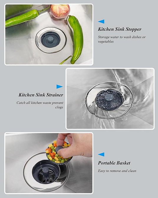 Заглушка для кухонної мийки Hibbent KD620-1 нержавіюча сталь/ABS 3-в-1 поп-ап універсальна 70-86 мм глибина >22 мм фільтр-сітка Київ - фото 5