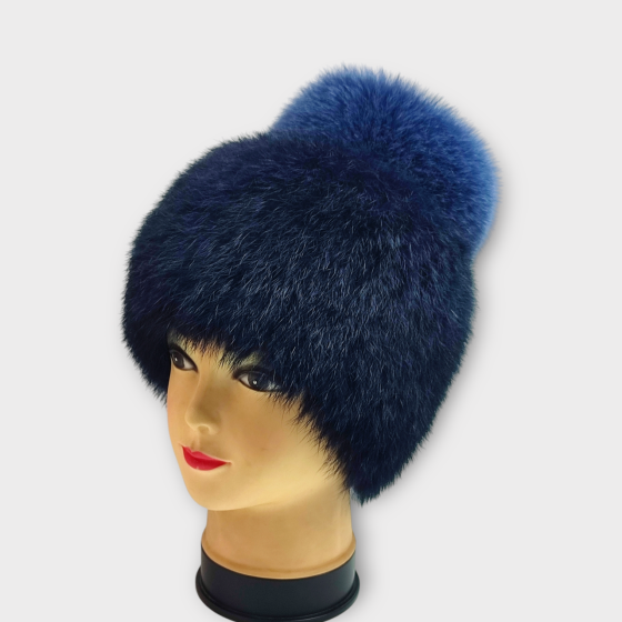Шапка хутряна жіноча Ліхірик з хутра кролика з бубоном песця Синій Харків