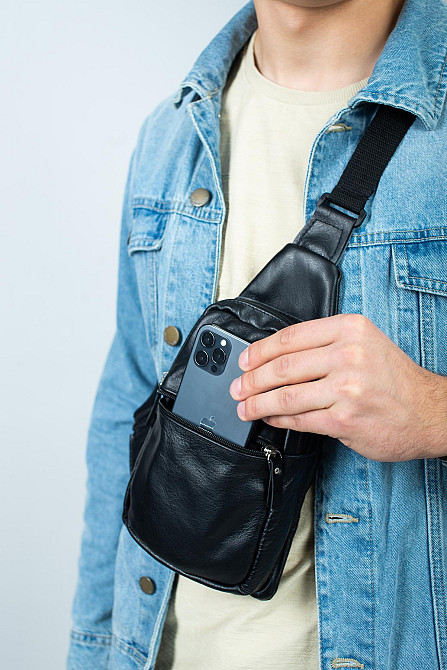 Сумка через плече шкіряна, сумка-слинг чоловіча SL014 (Чорна) Суми - фото 8