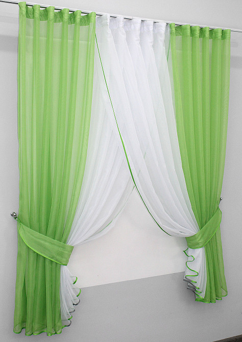 Кухонні шторки VR-Textil № 096к з підв'язками салатовий з білим 400х170 см (50-846) Київ - фото 2