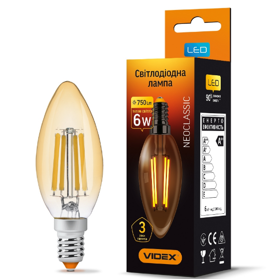 Лампа C37 6W E14 2200К 220V Filament A LED Videx Житомир