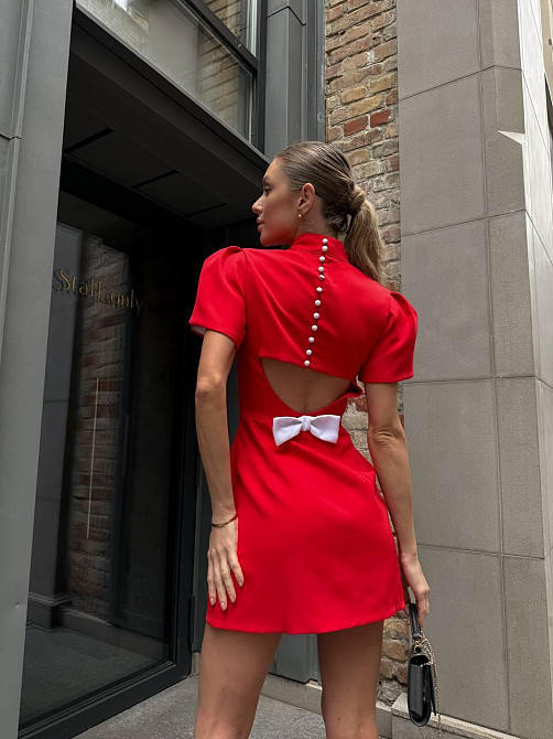 Жіноче коротке романтичне плаття з бантиком і відкритою спиною костюмка Червоний, 42/44 Одеса - фото 2