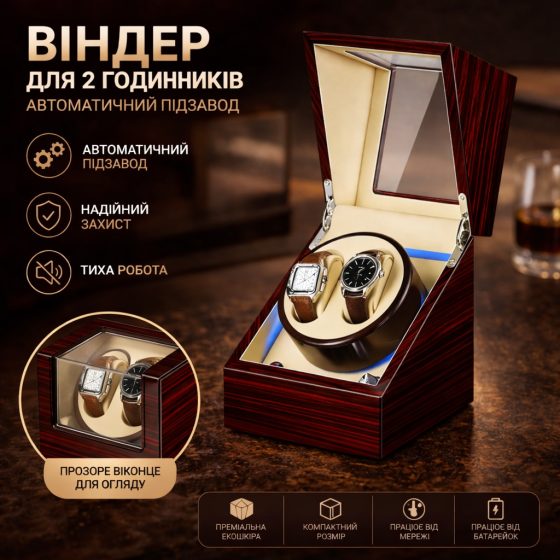 Ротомат, Віндер, Скринька для автопідзаводу годинника (Watch Winder) для автопідзаводу годинника, 2 слоти, тихий мотор Київ