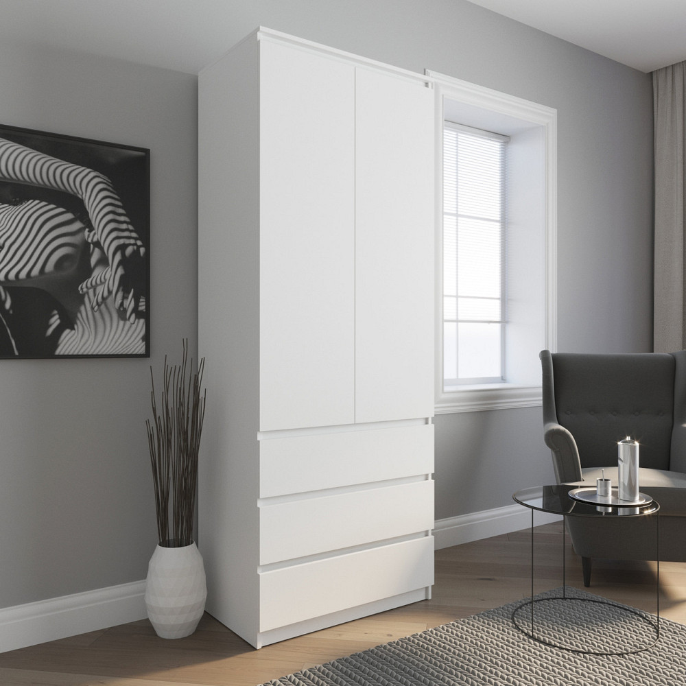 Шафа для одягу VAYS R-9 Білий, 3 шухляди, штанга, без ручок, ЛДСП, 80×50×211 см – для спальні, вітальні, передпокою Львів - фото 1