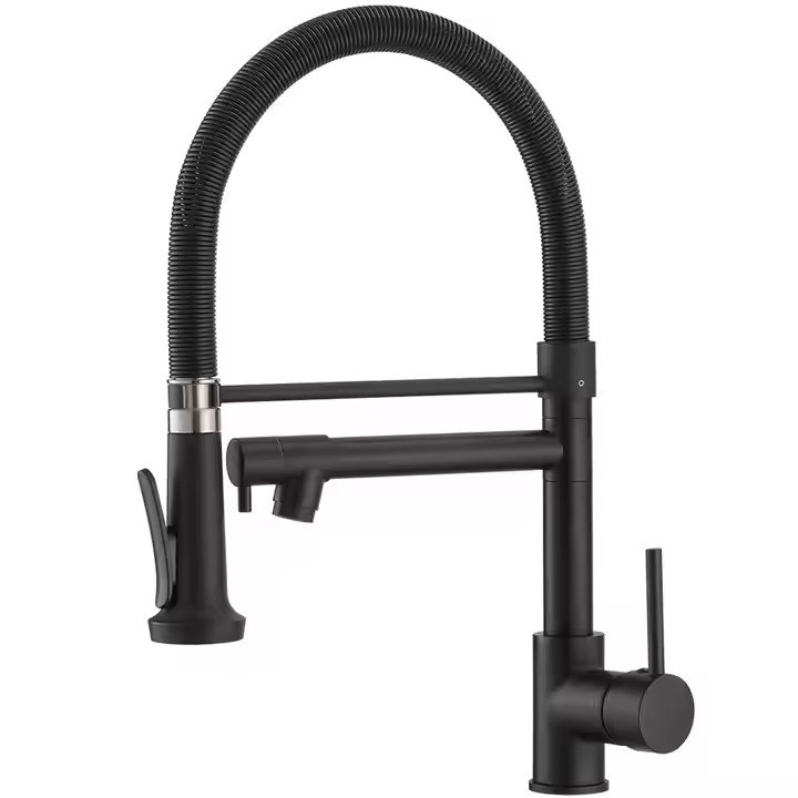 Змішувач для кухні з латунний з висувним і стаціонарним зливом з нержавіючої сталі, колір чорний Кам'янець-Подільський - фото 1