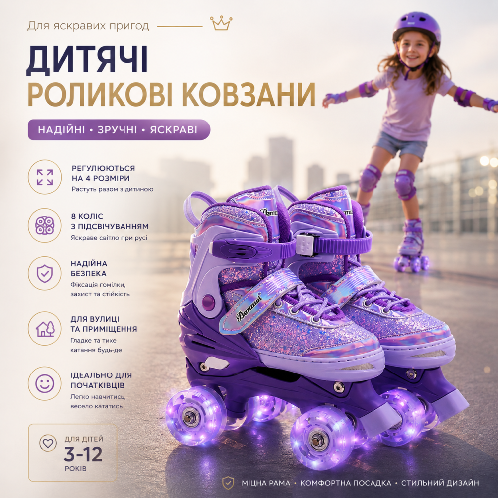 Детские раздвижные роликовые коньки квадры со светящимися колесами, фиолетовые ролики для девочек и мальчиков Киев - изображение 1
