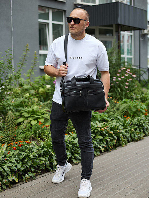 Мужской портфель для ноутбука 38х28х8, офисная кожаная сумочка, городская мужская деловая сумка, черная Киев - изображение 9