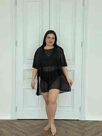 Женская пляжная туника в сеточку короткая однотонная накидка на купальник oversize прозрачная черная Одесса