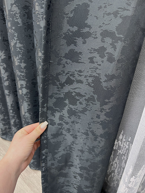 Комплект штор VR-Textil Льон Мармур 150х270 2шт і Тюль 400х270 1262ш-1675т Графітовий з білим 71-166/3 Київ - фото 5