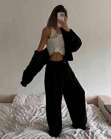 Женский теплый оверсайз костюм двойка: кофта и штаны турецкий полар флис Черный Одесса