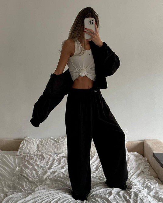 Жіночий теплий оверсайз костюм-двійка: кофта та штани турецький поліс фліс Чорний Одеса - фото 2