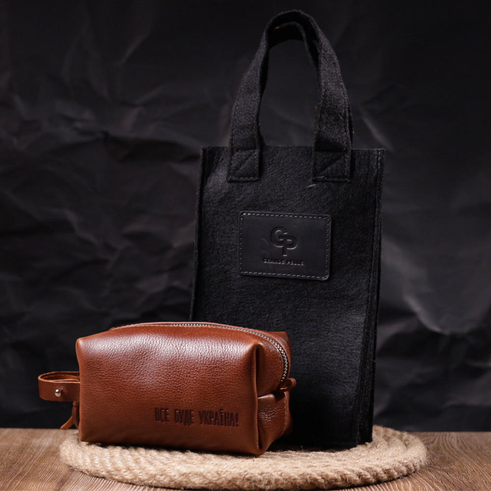 Компактна косметичка з гладкої шкіри на блискавці Світло-коричнева (GRANDE PELLE) Київ - фото 4