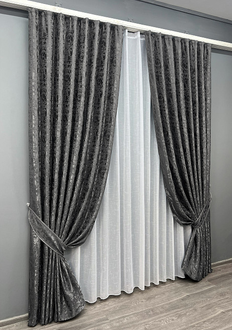 Комплект штор VR-Textil Льон Мармур 150х270 2шт і Тюль 500х270 1267ш-115т Сіро-коричневий з білим 71-141/4 Київ - фото 2