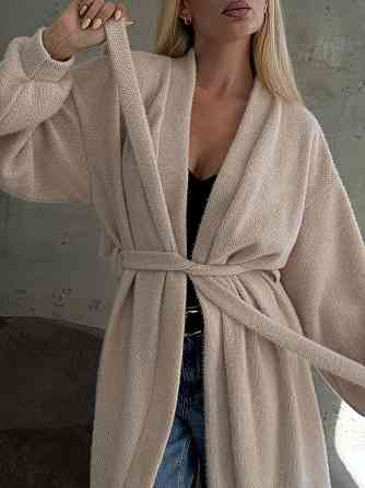 Жіночий затишний оверсайз кардиган із поясом альпака Бежевий Одеса