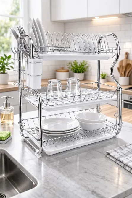 Тройная сушилка для посуды настольная из нержавеющей стали / Сушка-органайзер для посуды, приборов, чашек Коломия - фото 1
