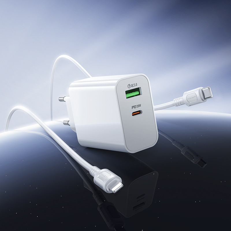 Мережевий зарядний пристрій з кабелем BOROFONE BA106A Stellar PD20W+QC3.0 charger set (C to iP) (EU) White Одеса - фото 9