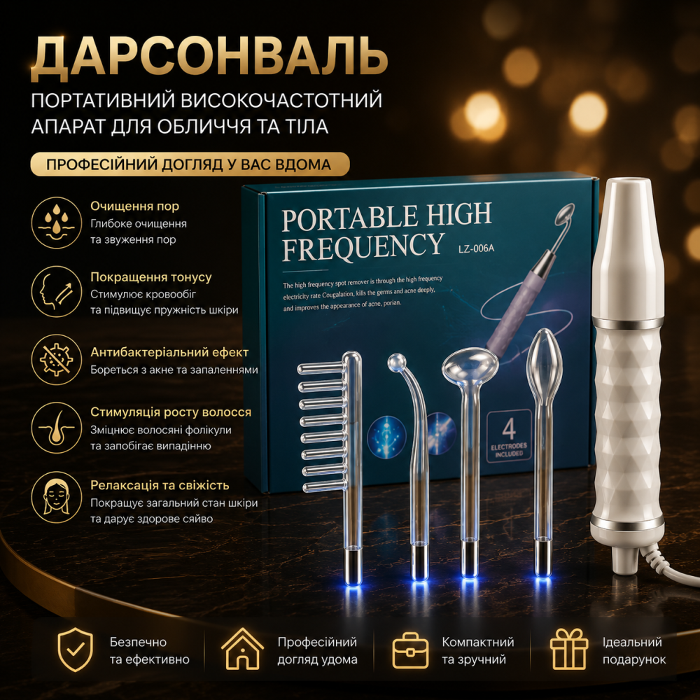 Дарсонваль Portable High Frequency апарат косметологічний для обличчя, тіла та волосся з 4 насадками — професійний догляд Київ - фото 1