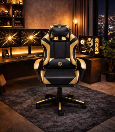 Геймерское кресло Primaveo с эргономичными подушками и выдвижной подставкой для ног, Черный/Золотой Киев