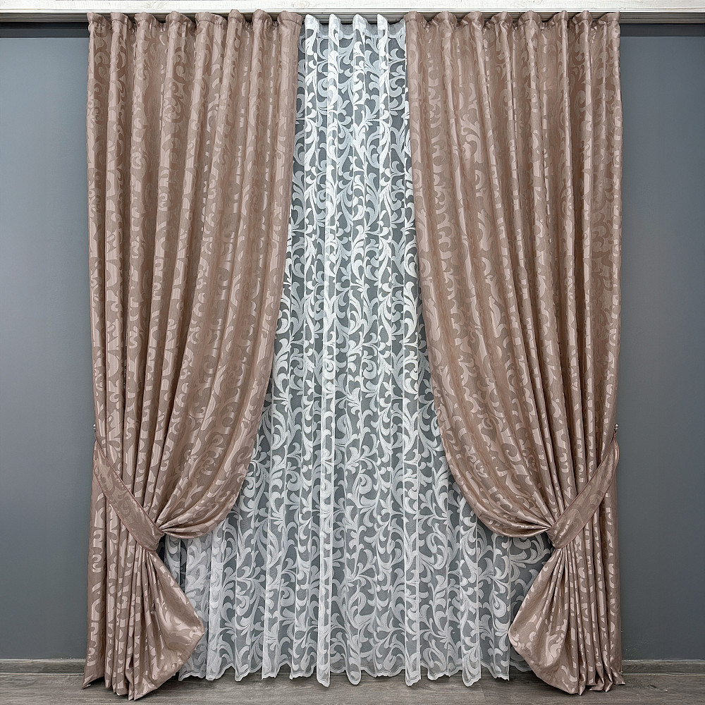 Комплект штор VR-Textil Жакард Вензель 150х270 2шт і Тюль 600х270 090ш-1147т Пудровий з білим 71-096/5 Київ - фото 1