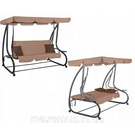 Садовые качели для дачи и дома трехместные уличные качели с навесом Bonro BW-002 дачные качели коричневые Мостиська