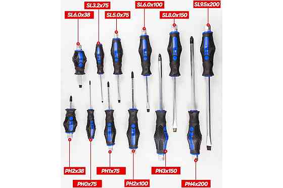Набор отверток силовых ударных магнитных12 предметов (SL: 6.5х38,3х75,5.5х75,6.5х100,8.0х150,10х200мм PH: Одесса