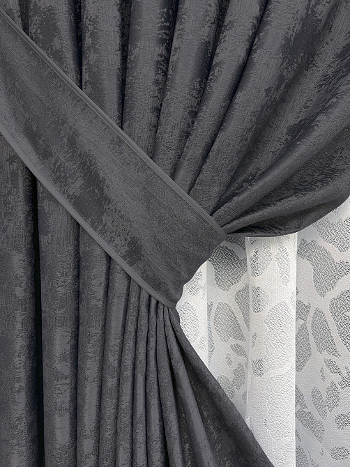 Комплект штор VR-Textil Жакард Мармур 150х270 2шт і Тюль 500х270 1211ш-1529т Графітовий з білим 71-184/4 Київ - фото 4