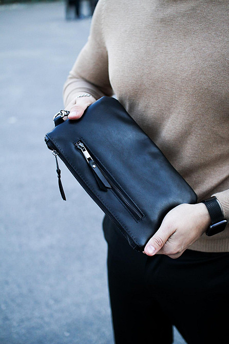 Кожаный клатч из натуральной гладкой кожи SKILL (Черный) Сумы - изображение 3