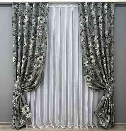 Комплект готових штор VR-Textil Льон з квітковим принтом "Прованс" № 1724ш Сірий 100х270 см 2 шт (31-829) Київ