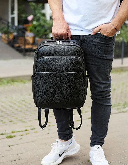 Класичний чорний чоловічий рюкзак з натуральної шкіри діловий, офісний, для ноутбука Київ - фото 4