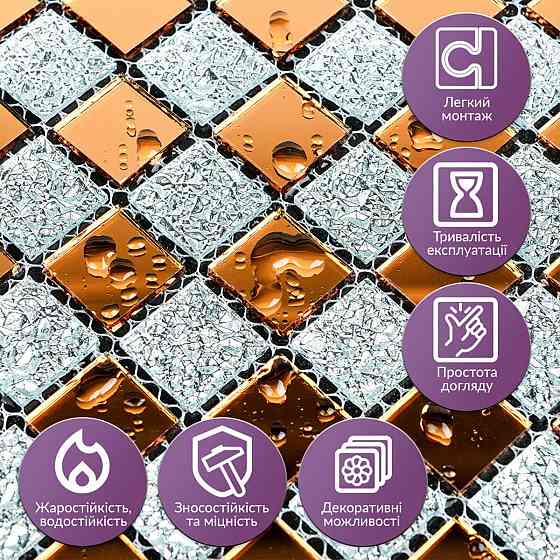 Декоративная стеклянная мозаика серая и оранжевая Киев