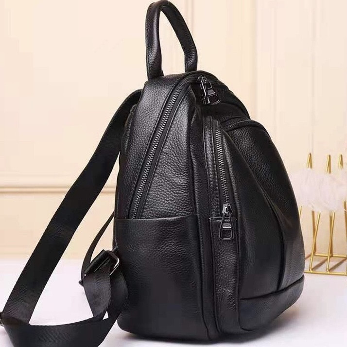 Кожаный женский городской рюкзак на молнии 23х29х13, сумка наплечная для прогулок, черная Киев - изображение 4