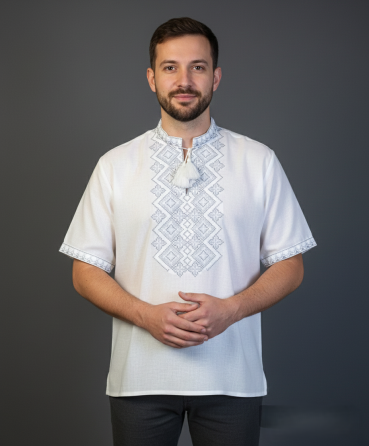Белая мужская рубашка-вышиванка серых оттенков на короткий рукав 52 Киев