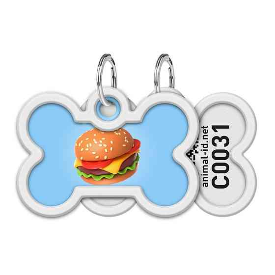 Адресник для собак і котів металевий WAUDOG Smart ID з QR паспортом, малюнок "Гамбургер", кістка, Д 40 мм, Ш 28 мм Київ