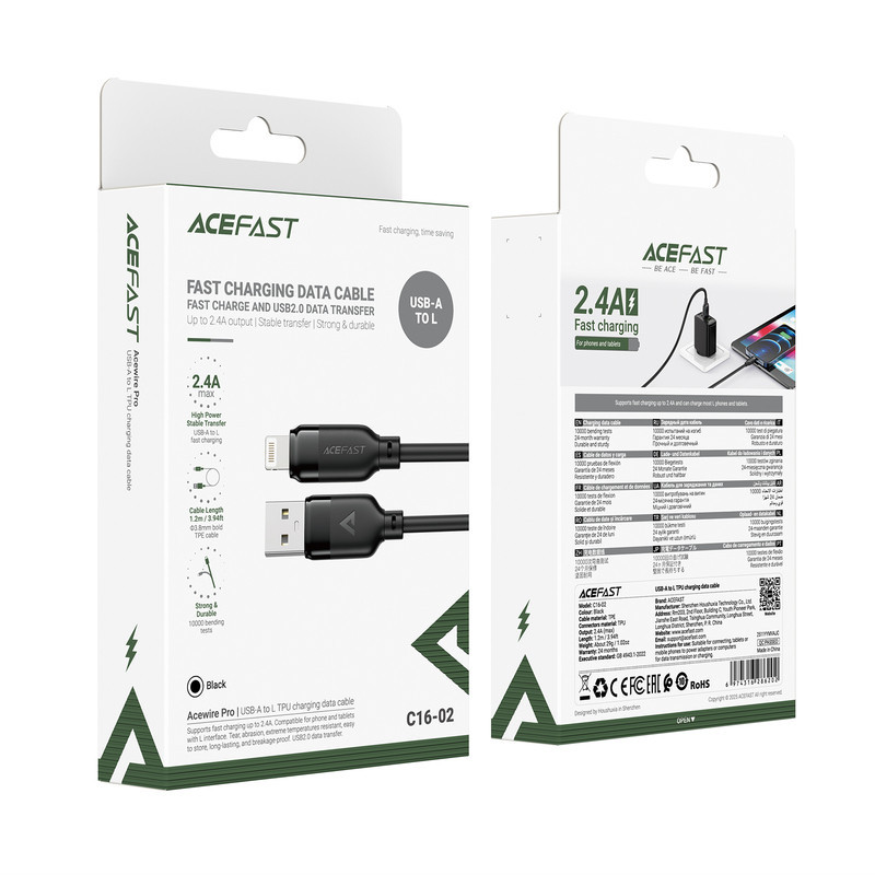 Кабель ACEFAST C16-02 TPU charging data cable USB-A to L Black Одеса - фото 2