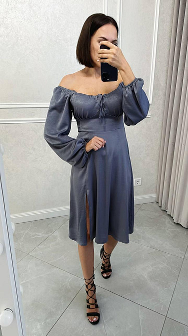 Жіноче святкове плаття з розрізом турецький жатий шовк Сталевий, 52/54 Одеса - фото 2