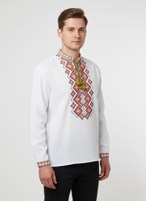 Мужская рубашка-вышиванка оранжево-красных оттенков на длинный рукав 50 Киев - изображение 1